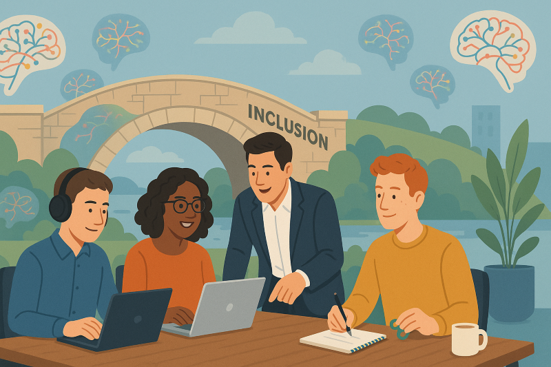 Diverse team of neurodivergent coworkers collaborating.